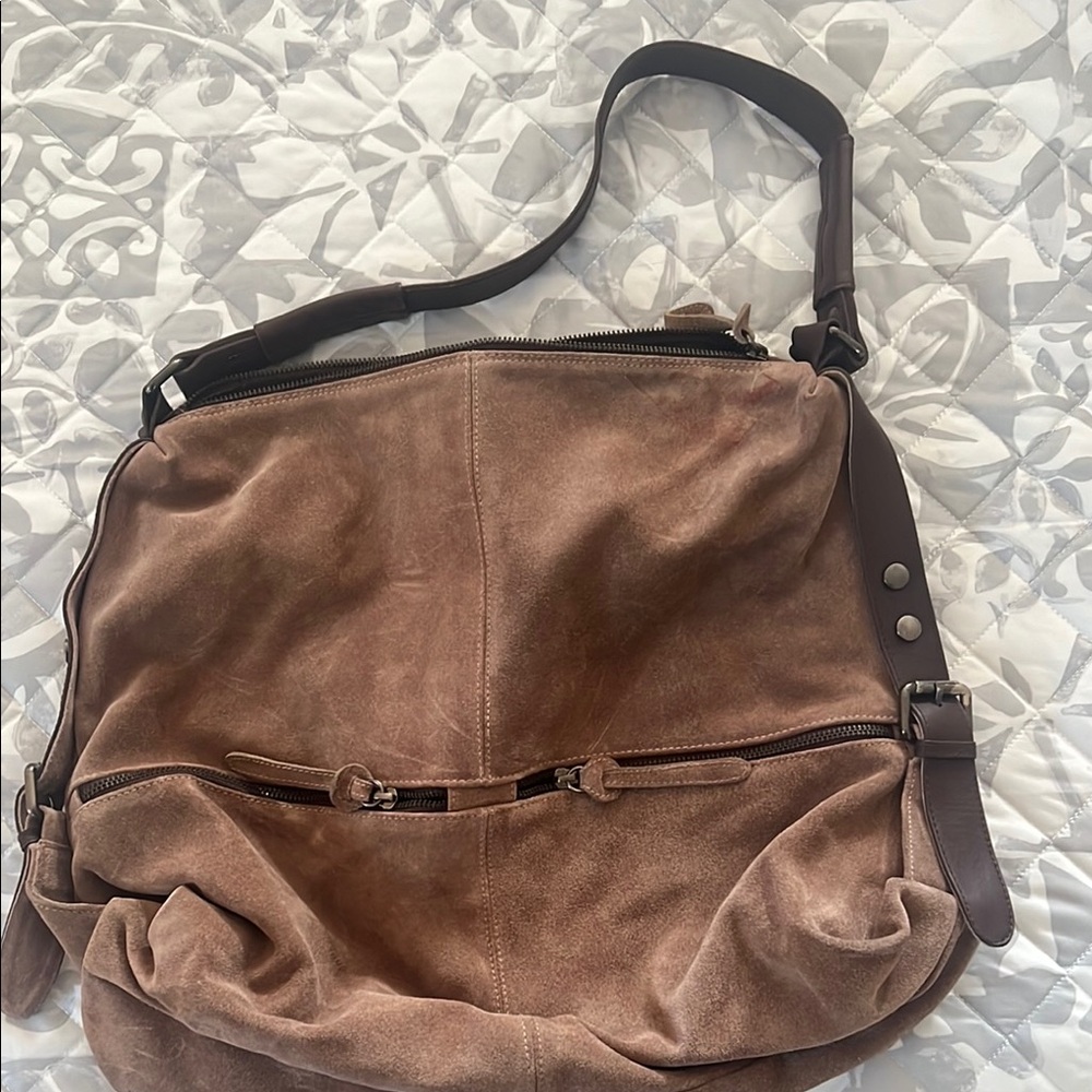 Never used Donald J Pliner brown suede shoulder bag with detachable long strap